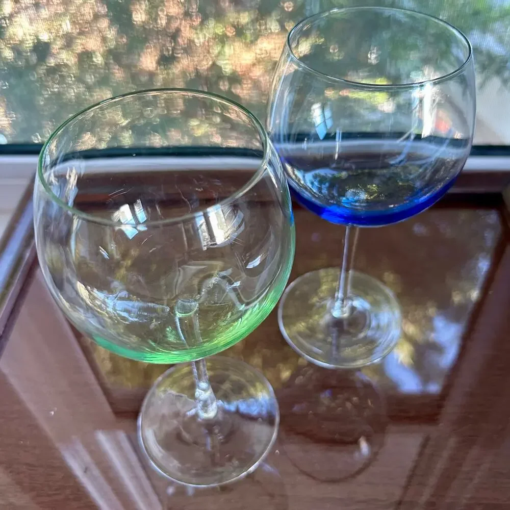 Vintage Color Base Balloon Wine Glasses Green Blue Stemware Pair